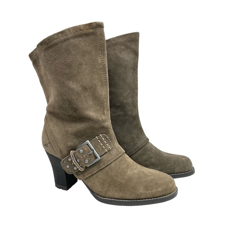 CAT Caterpillar 7D Women's Wide Taupe Brown Suede Mid Calf Heel Boots Booties